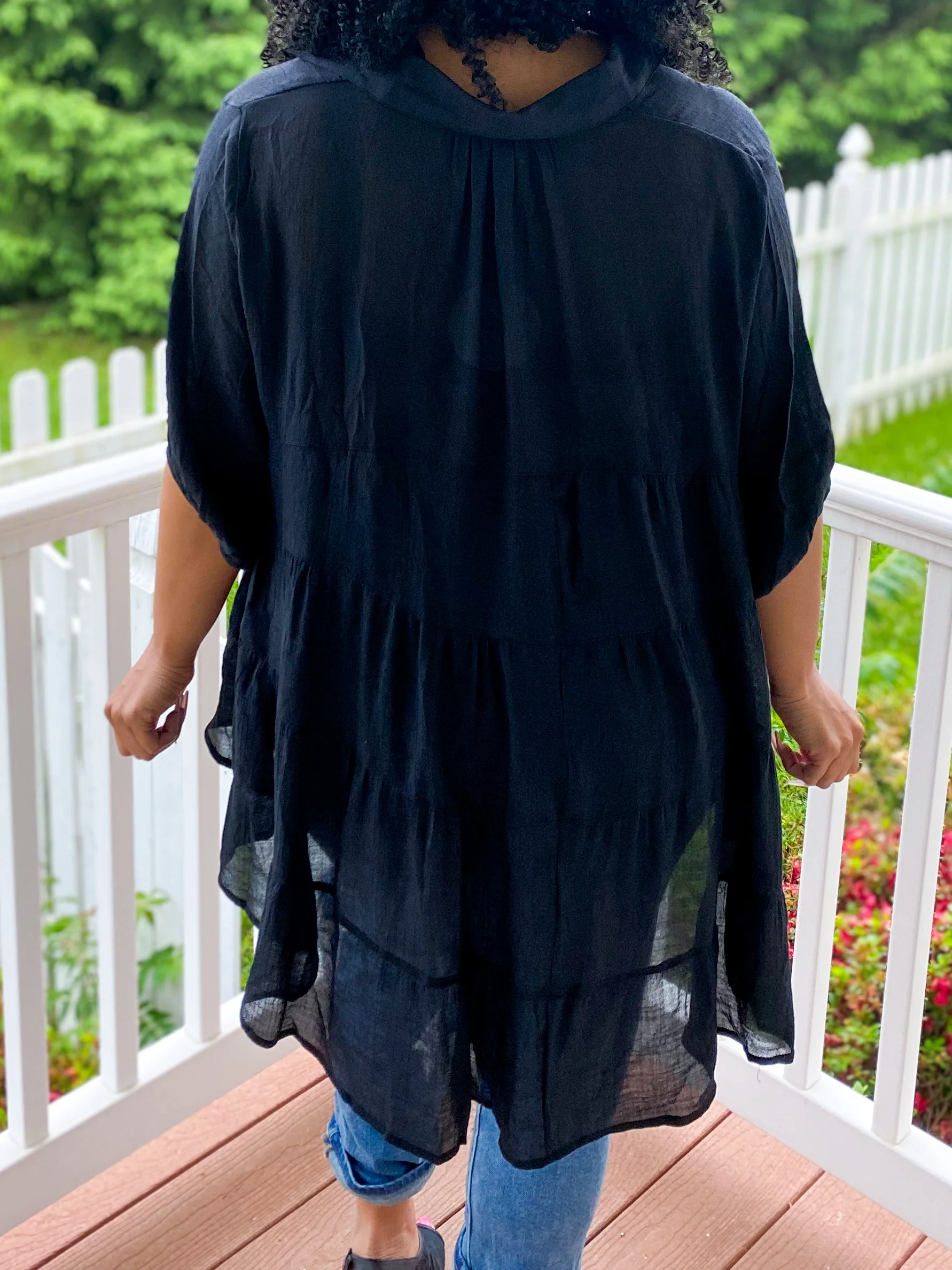 Black Summer Linen Tiered Back Blouse - Image 3