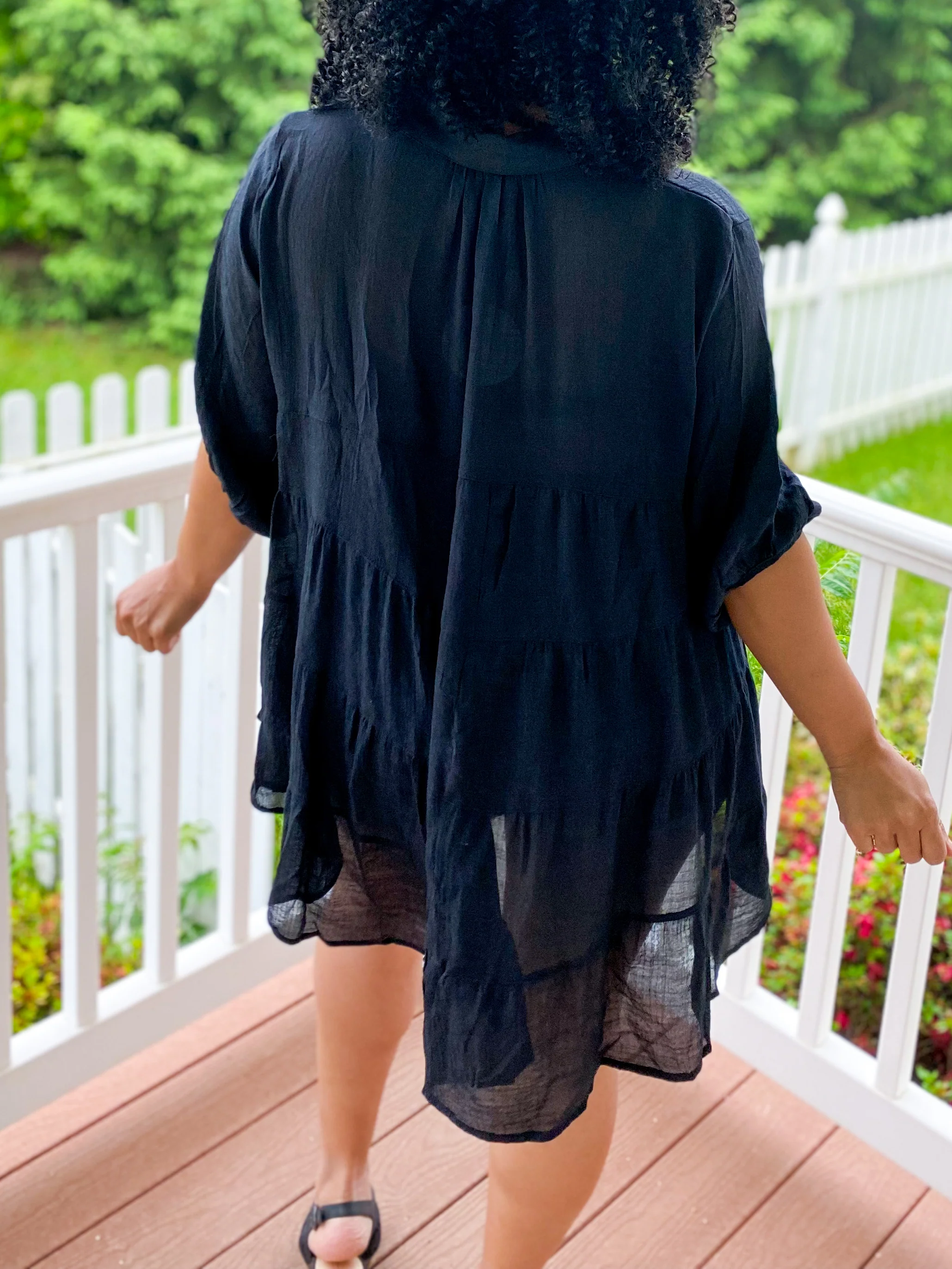 Black Summer Linen Tiered Back Blouse - Image 4