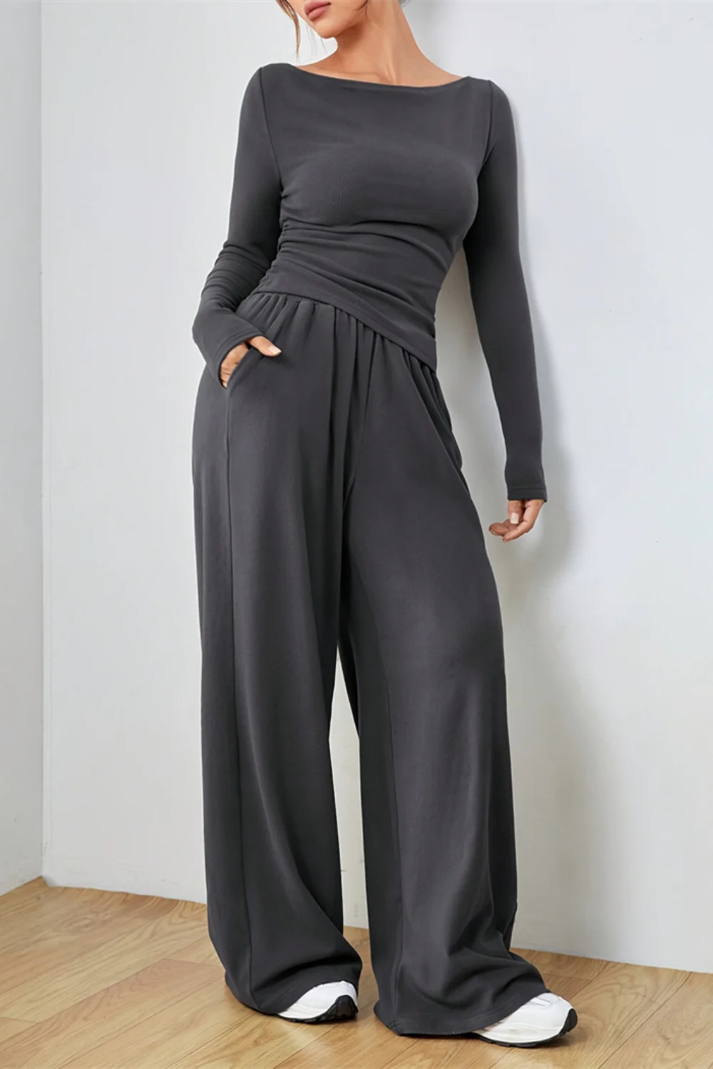 Boat Neck Long Sleeve Top and Pants Set - Image 10