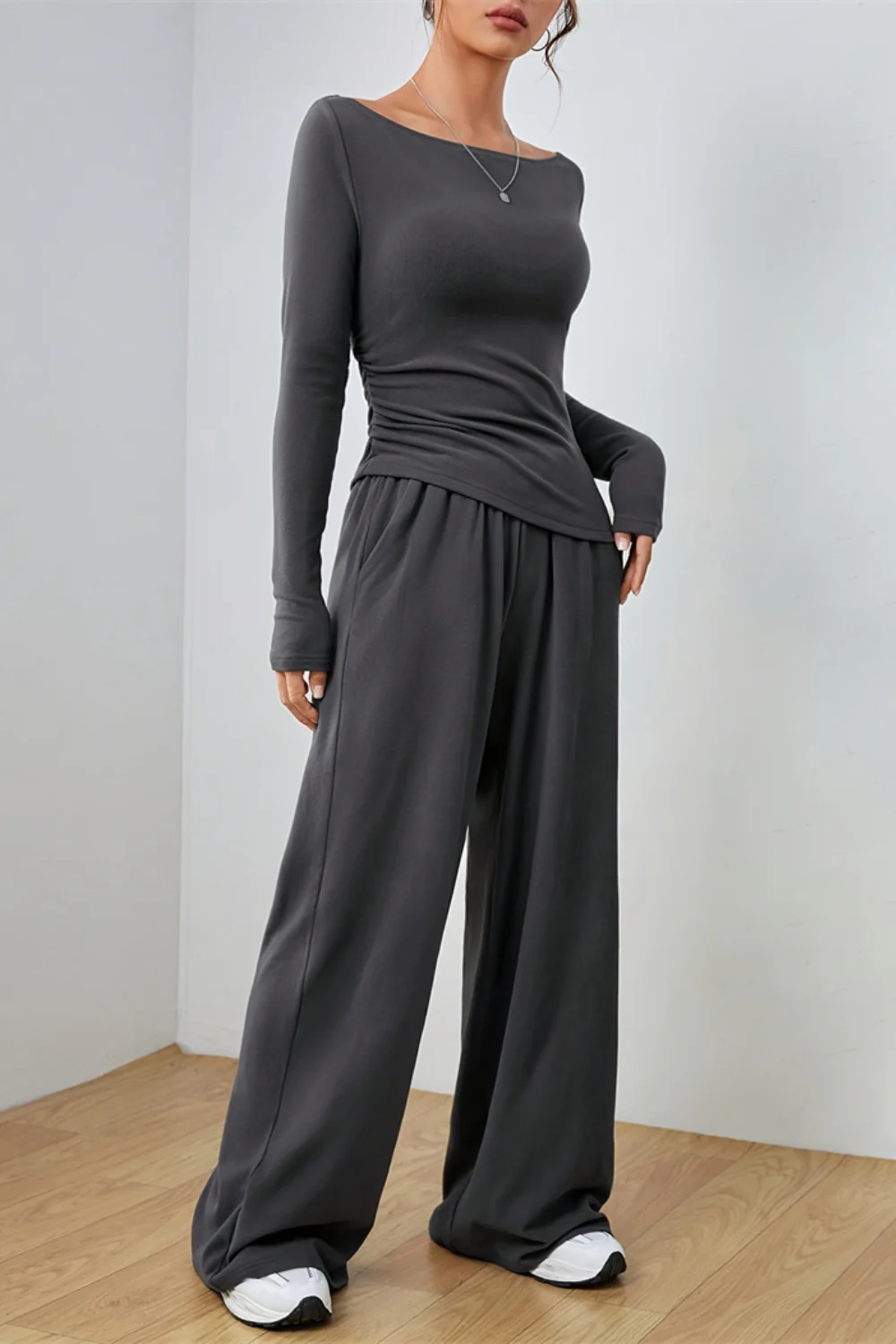 Boat Neck Long Sleeve Top and Pants Set - Image 11