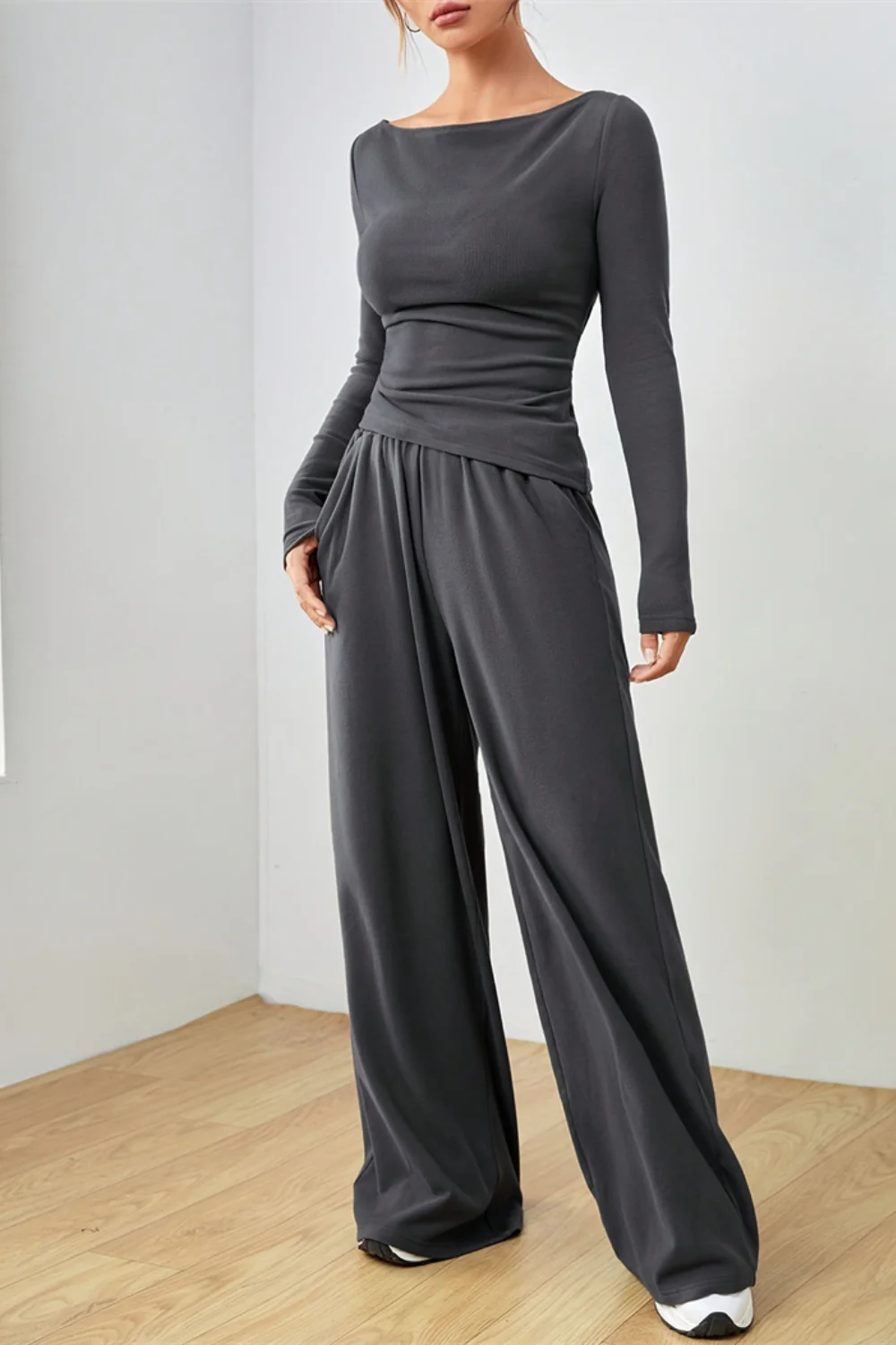 Boat Neck Long Sleeve Top and Pants Set - Image 13