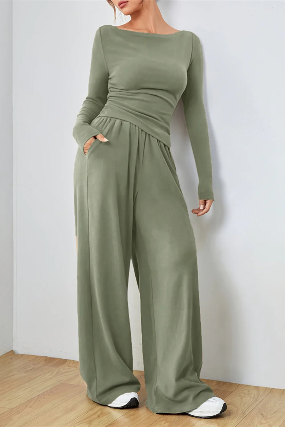 Boat Neck Long Sleeve Top and Pants Set - Image 3