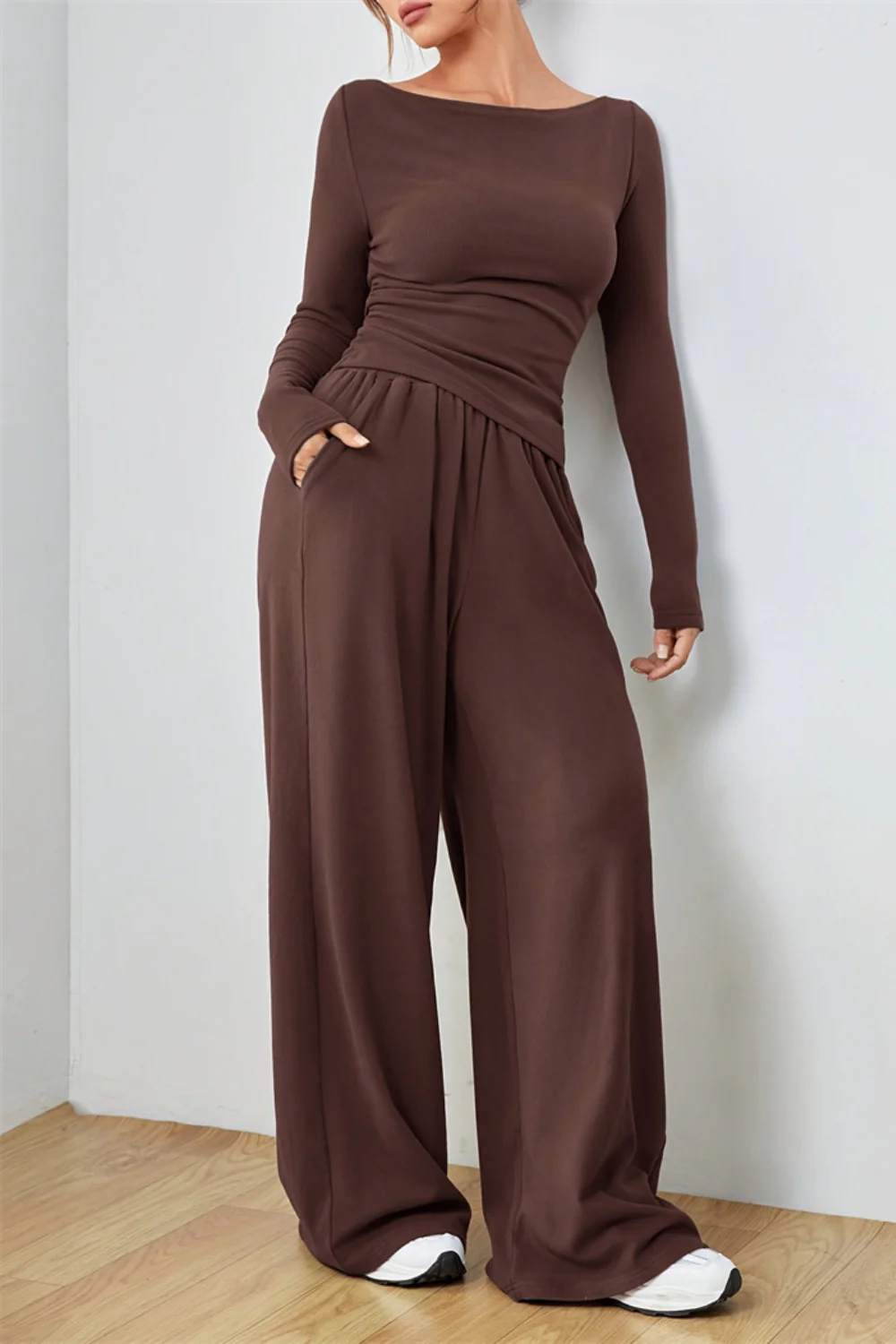 Boat Neck Long Sleeve Top and Pants Set - Image 5