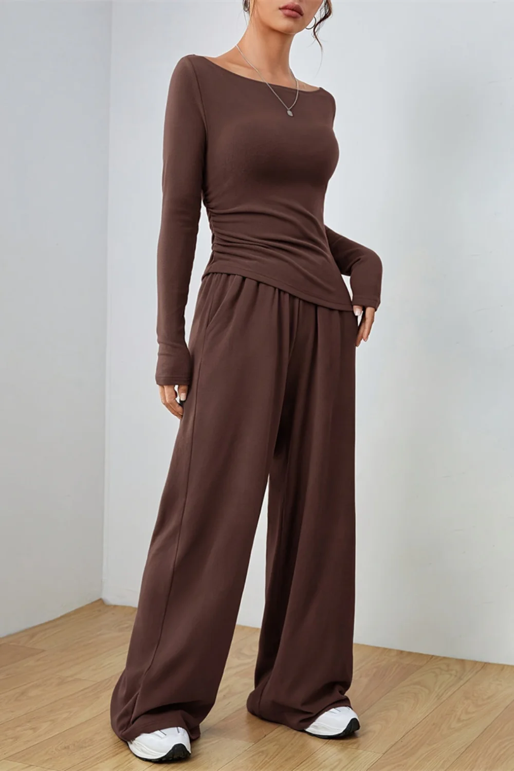 Boat Neck Long Sleeve Top and Pants Set - Image 6