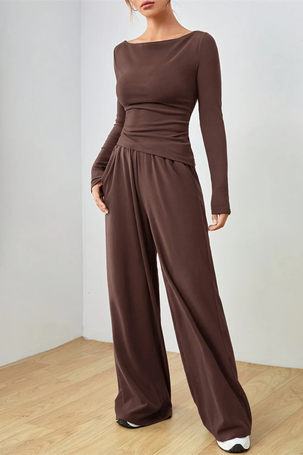 Boat Neck Long Sleeve Top and Pants Set - Image 8