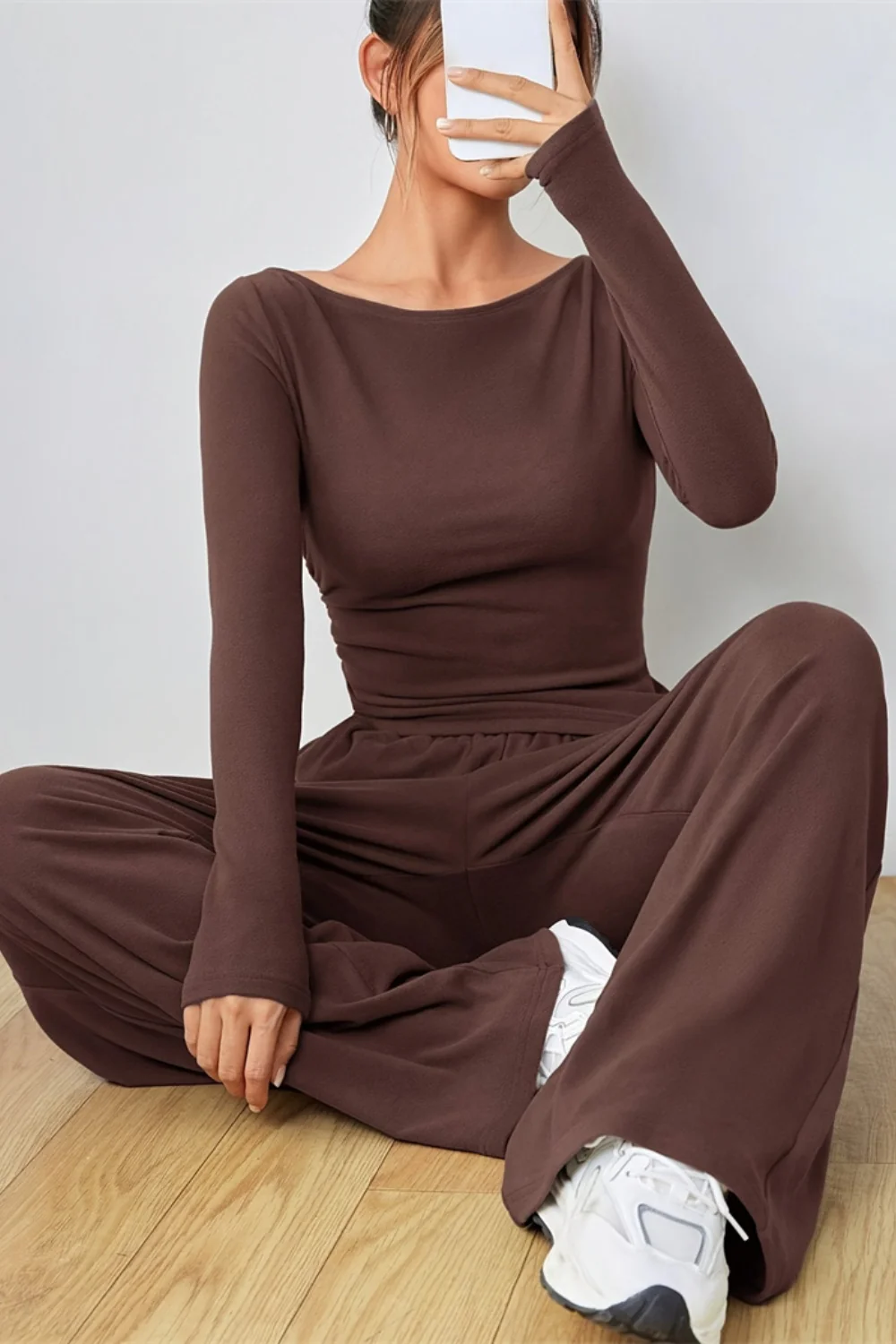 Boat Neck Long Sleeve Top and Pants Set - Image 9