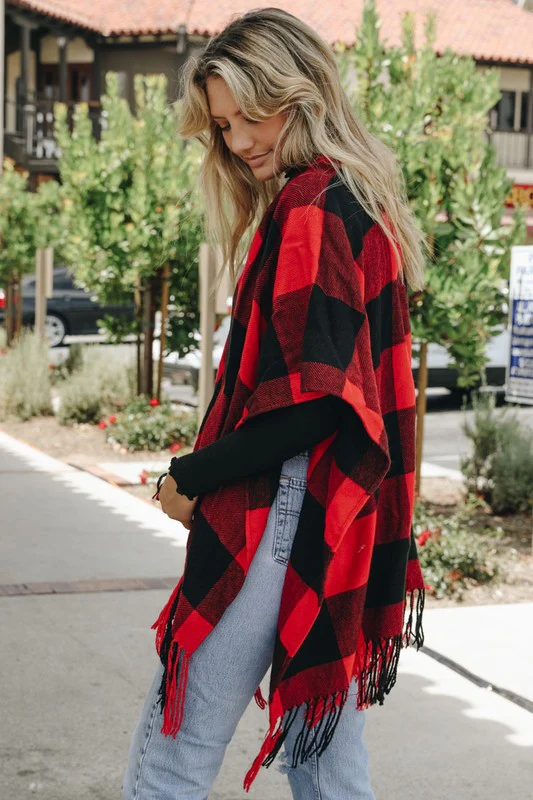 Buffalo Check Tassel Poncho - Image 5