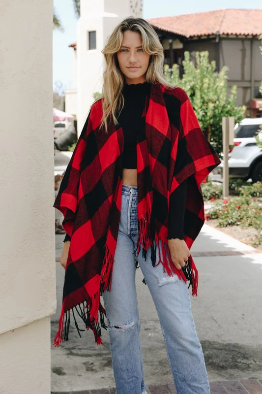 Buffalo Check Tassel Poncho - Image 6
