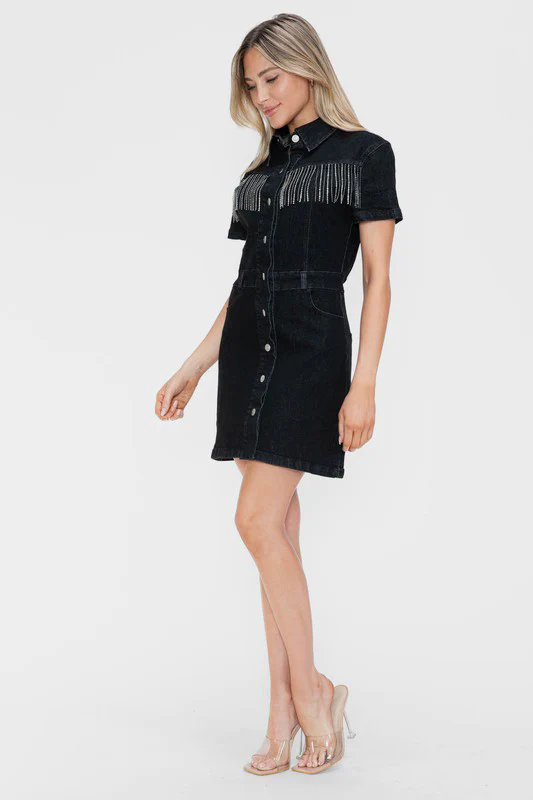 Embellished Button Down Short Sleeve Denim Dress - Image 5