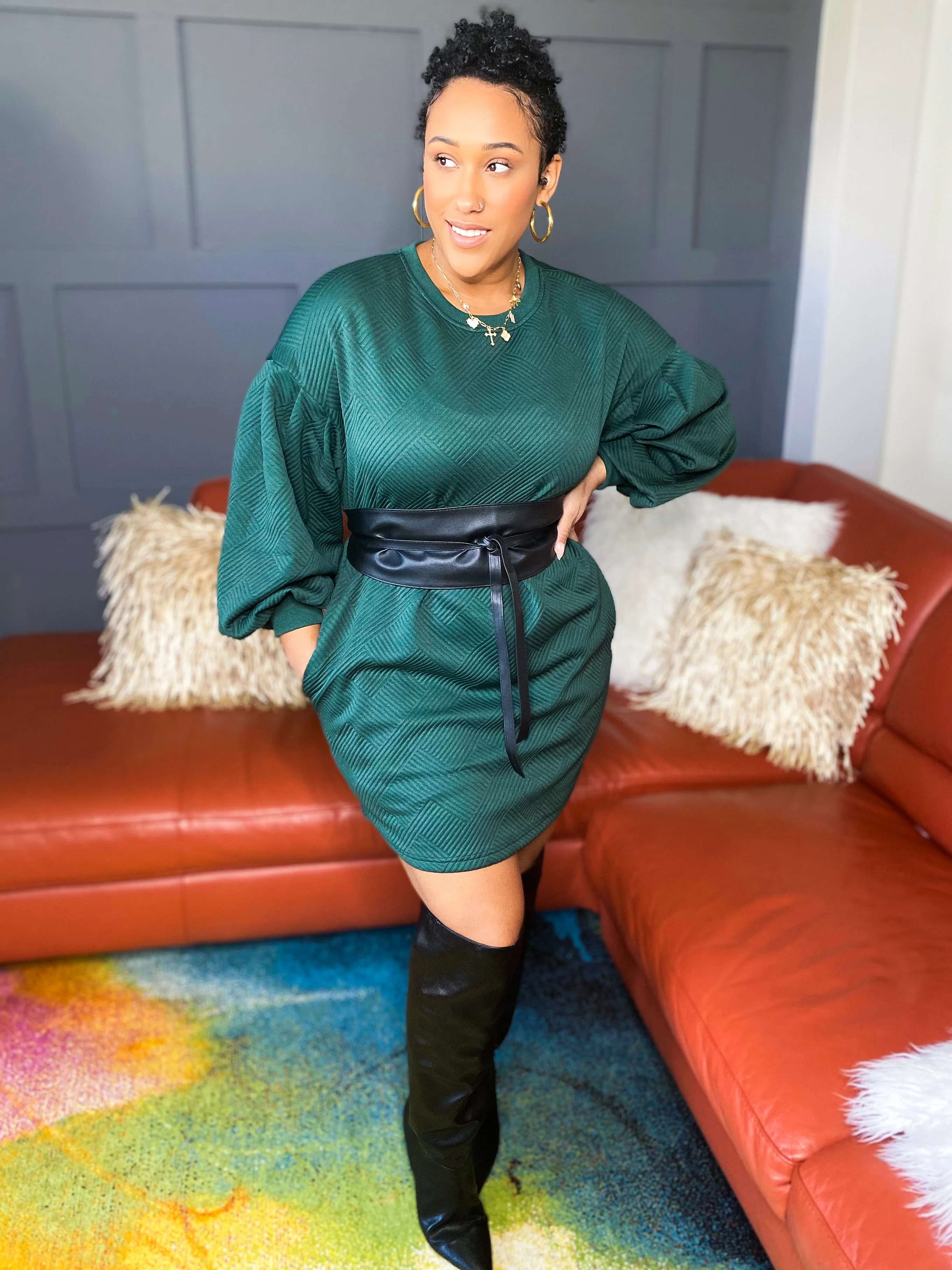 Textured Lantern Sleeve Dress - Image 3