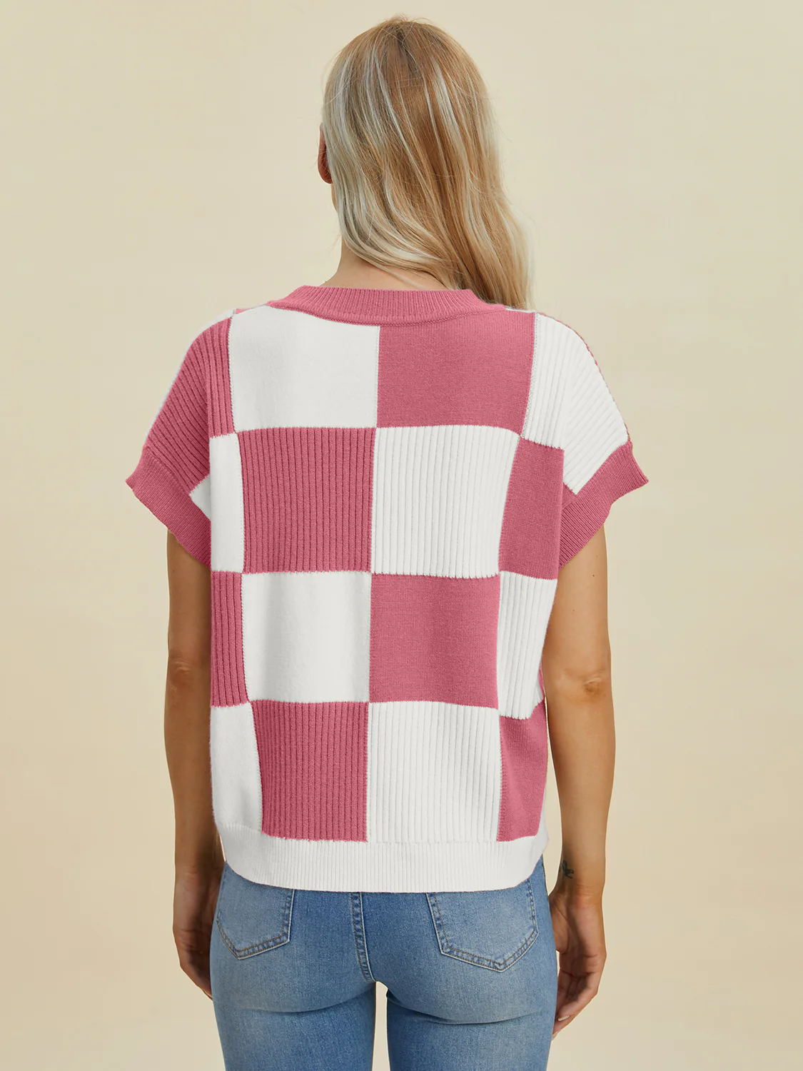 Checkered Round Neck Short Sleeve Sweater - Image 10