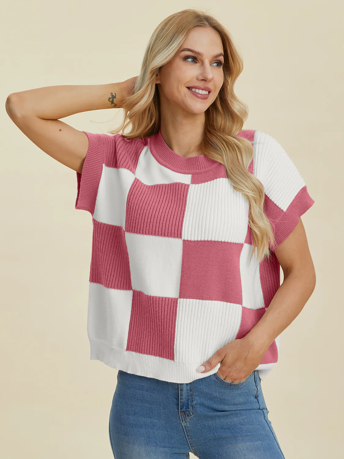 Checkered Round Neck Short Sleeve Sweater - Image 11