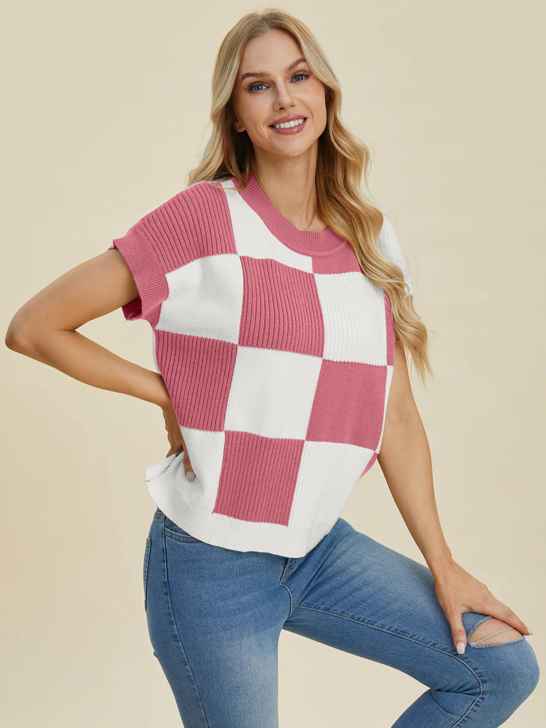 Checkered Round Neck Short Sleeve Sweater - Image 12