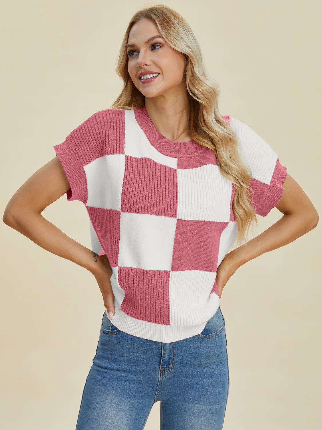 Checkered Round Neck Short Sleeve Sweater - Image 13
