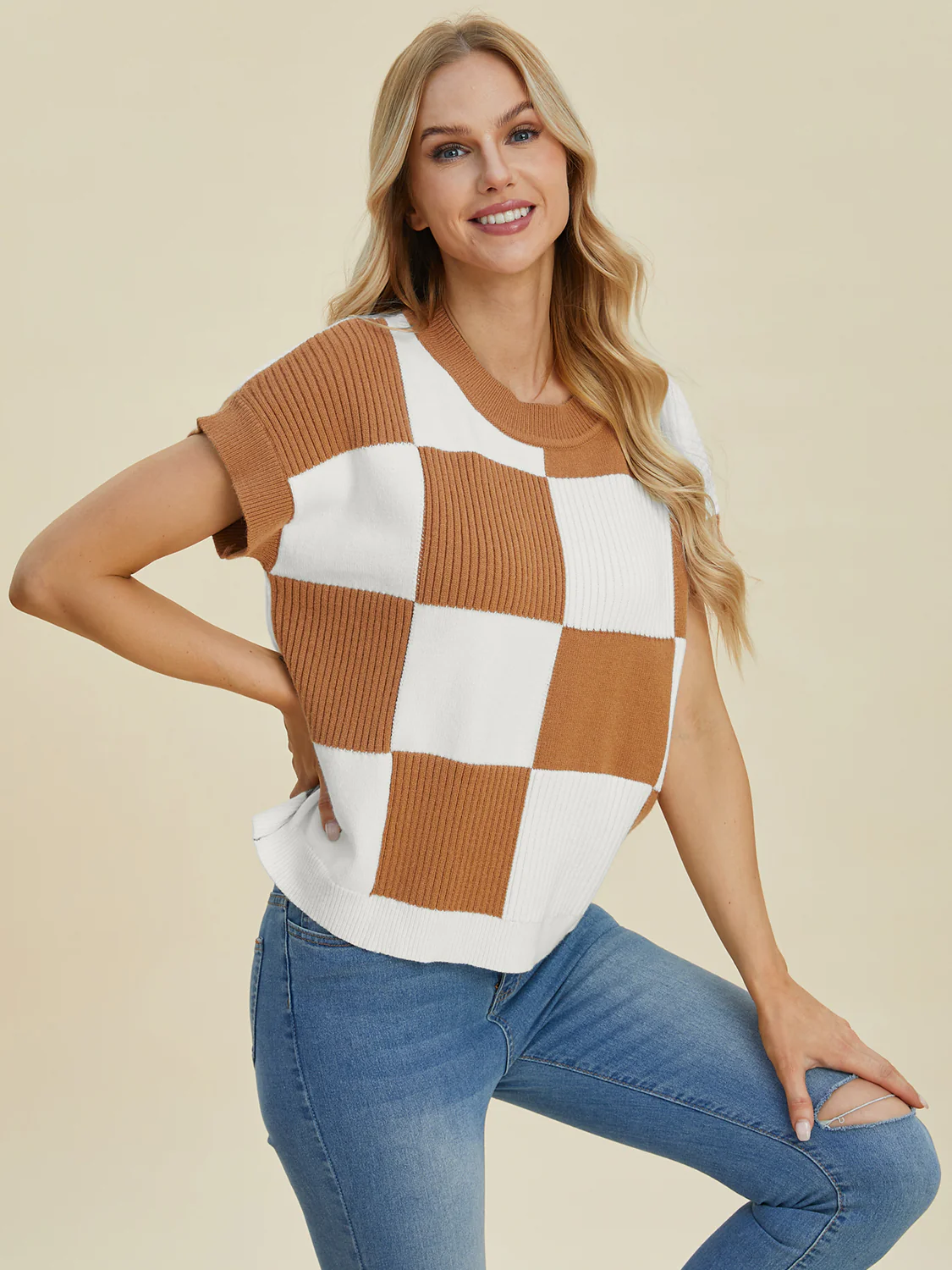 Checkered Round Neck Short Sleeve Sweater - Image 14