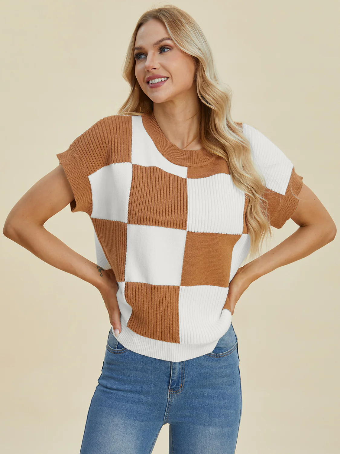 Checkered Round Neck Short Sleeve Sweater - Image 15
