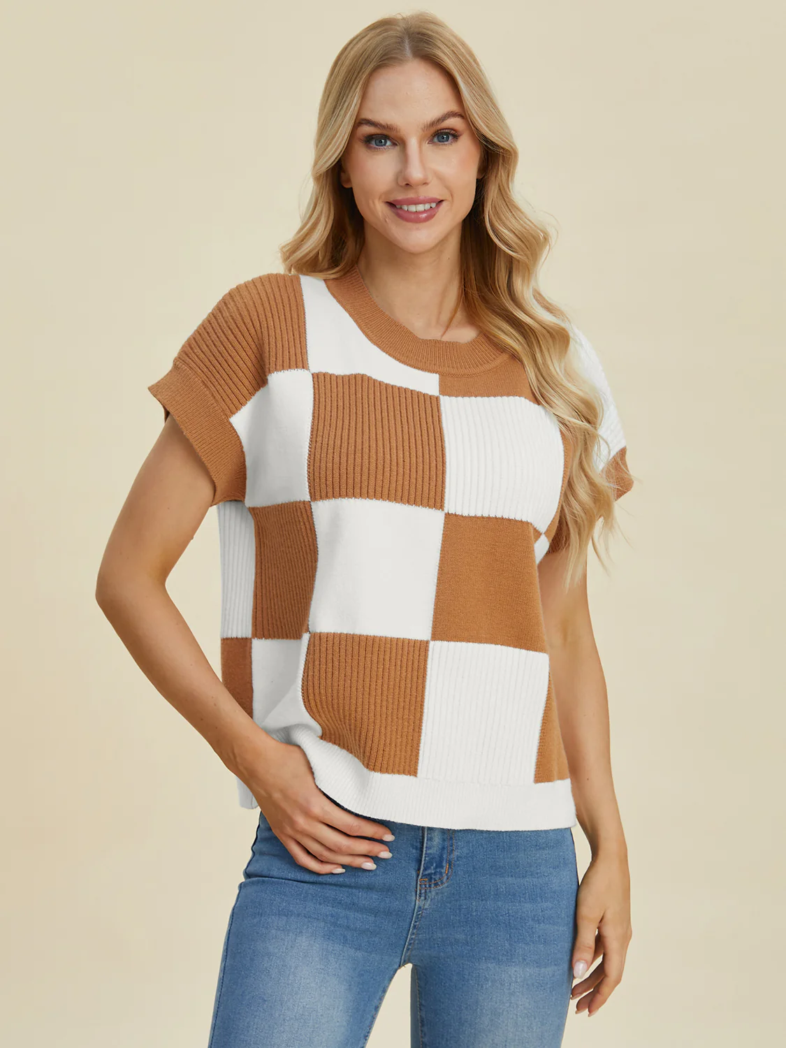 Checkered Round Neck Short Sleeve Sweater - Image 16