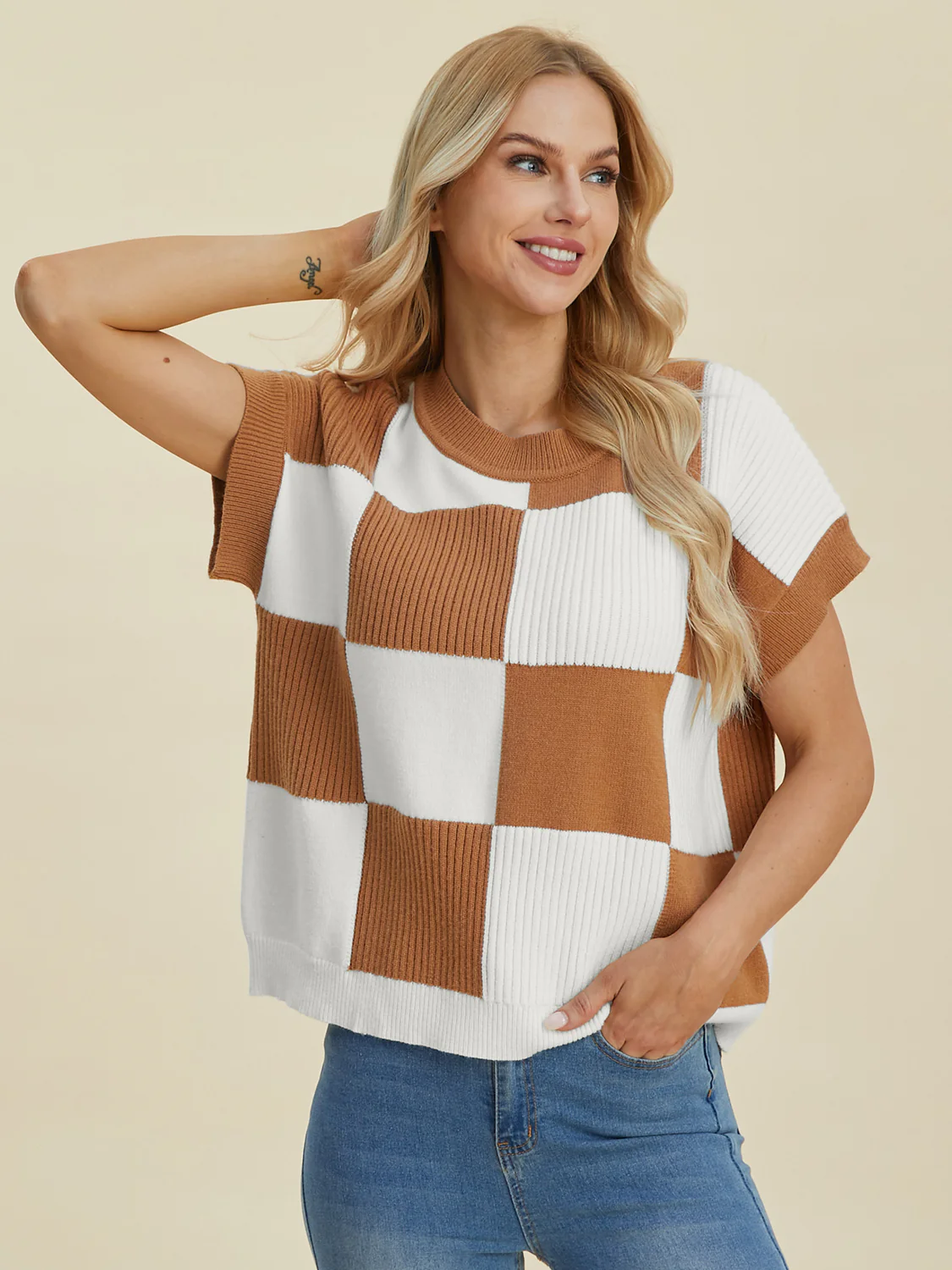 Checkered Round Neck Short Sleeve Sweater - Image 17