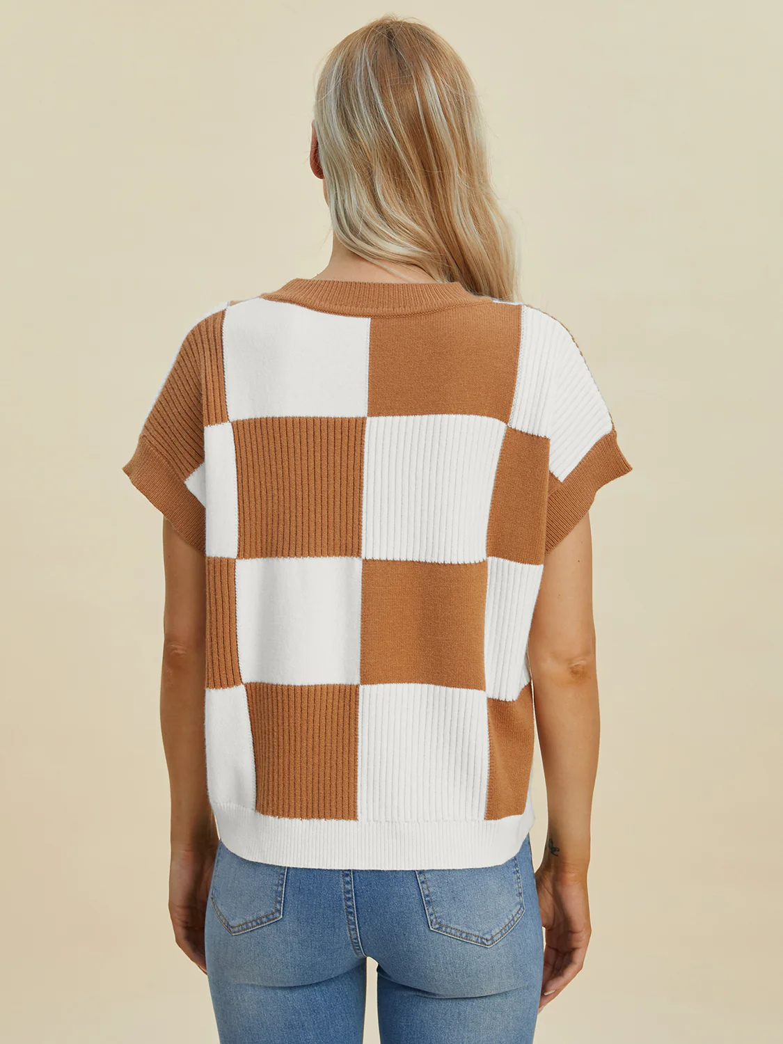 Checkered Round Neck Short Sleeve Sweater - Image 18
