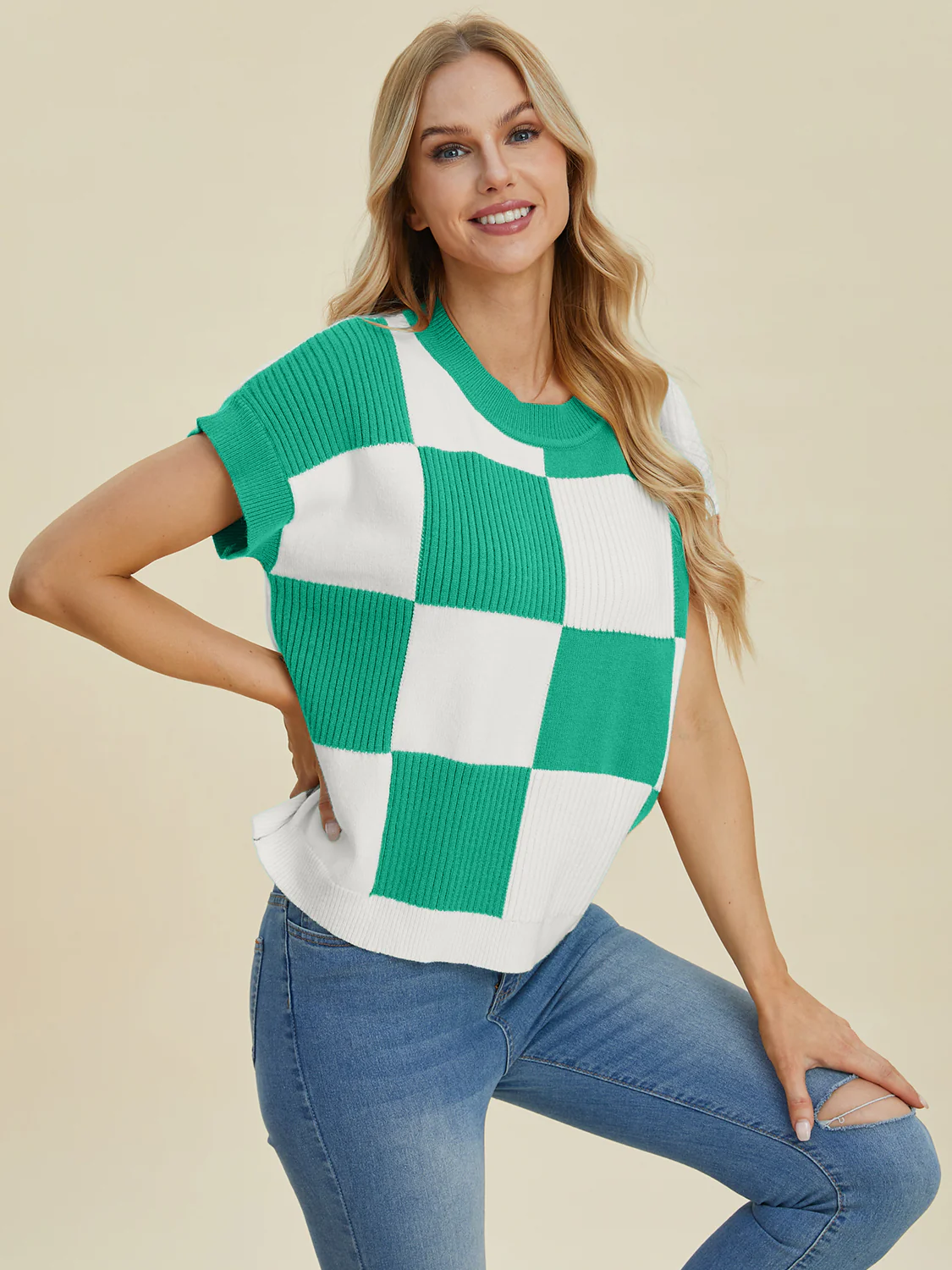 Checkered Round Neck Short Sleeve Sweater - Image 21