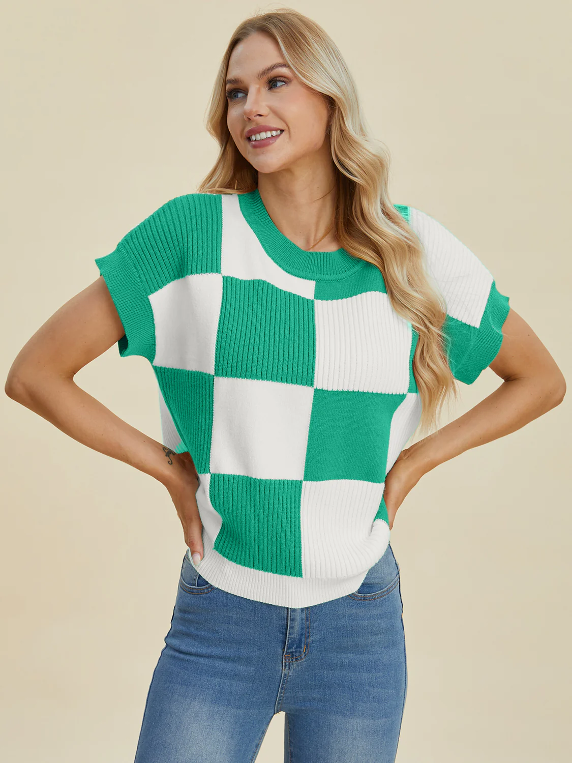 Checkered Round Neck Short Sleeve Sweater - Image 22