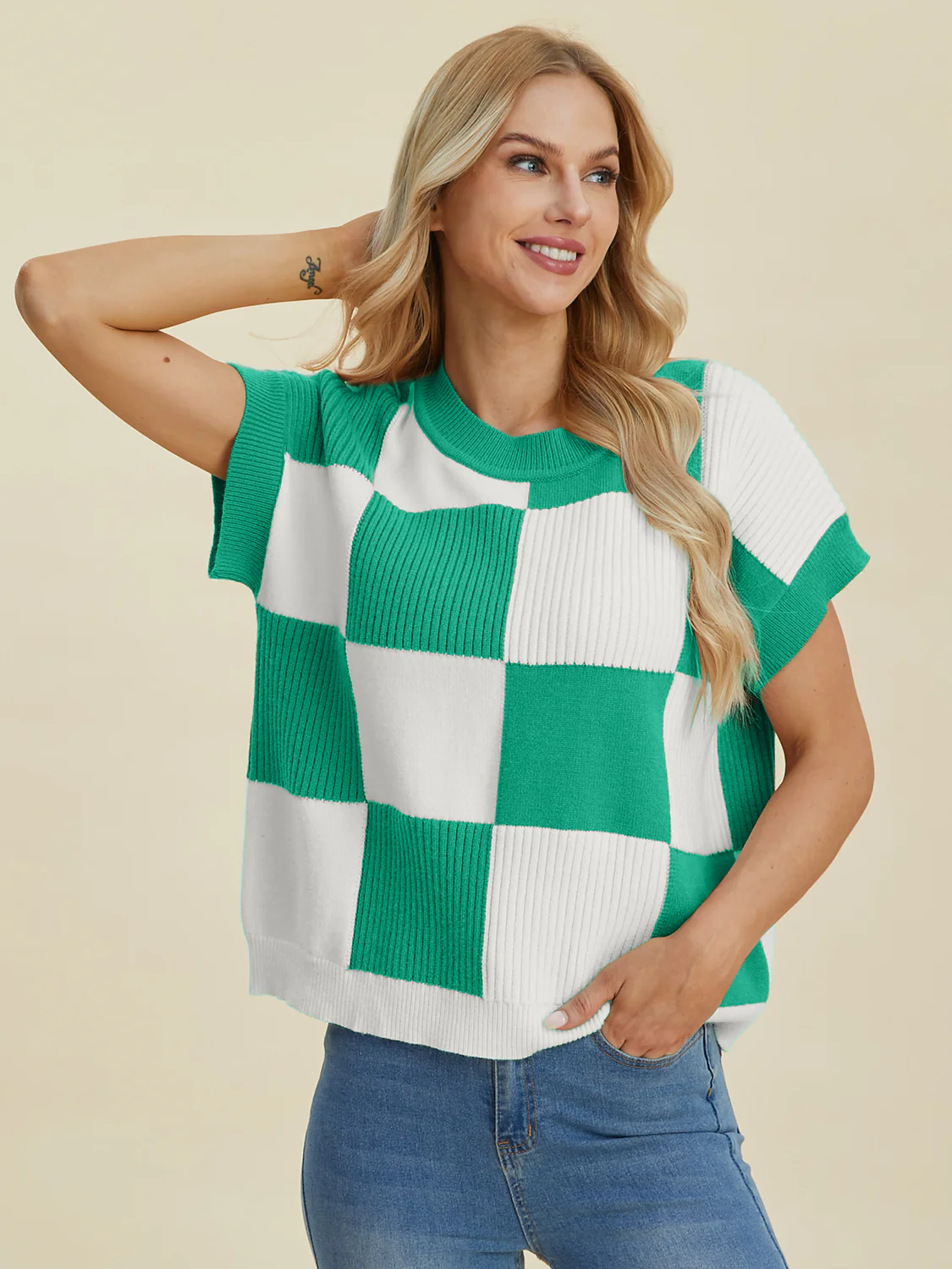 Checkered Round Neck Short Sleeve Sweater - Image 23