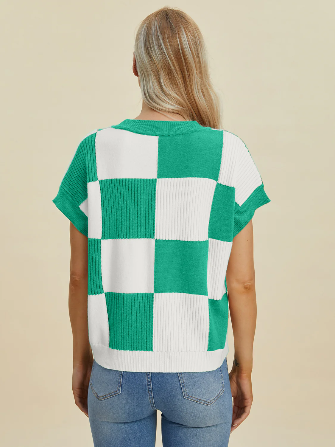 Checkered Round Neck Short Sleeve Sweater - Image 24