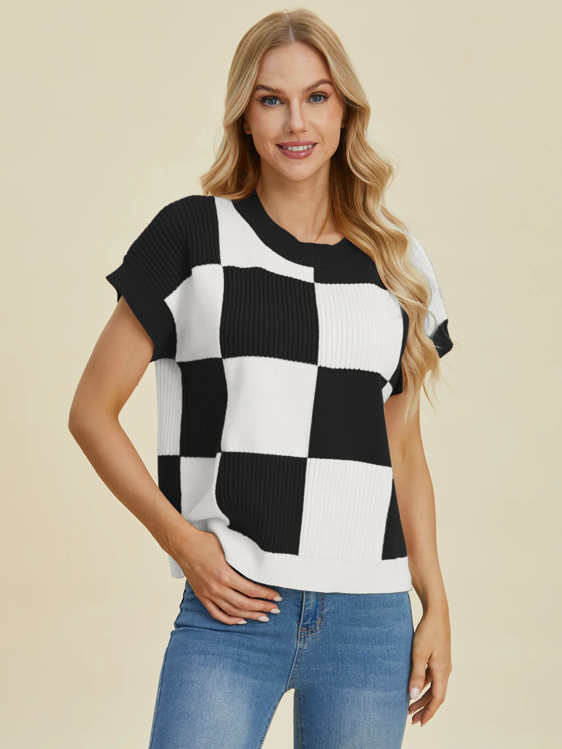 Checkered Round Neck Short Sleeve Sweater - Image 5