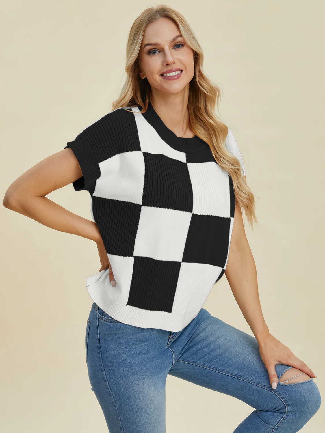 Checkered Round Neck Short Sleeve Sweater - Image 6