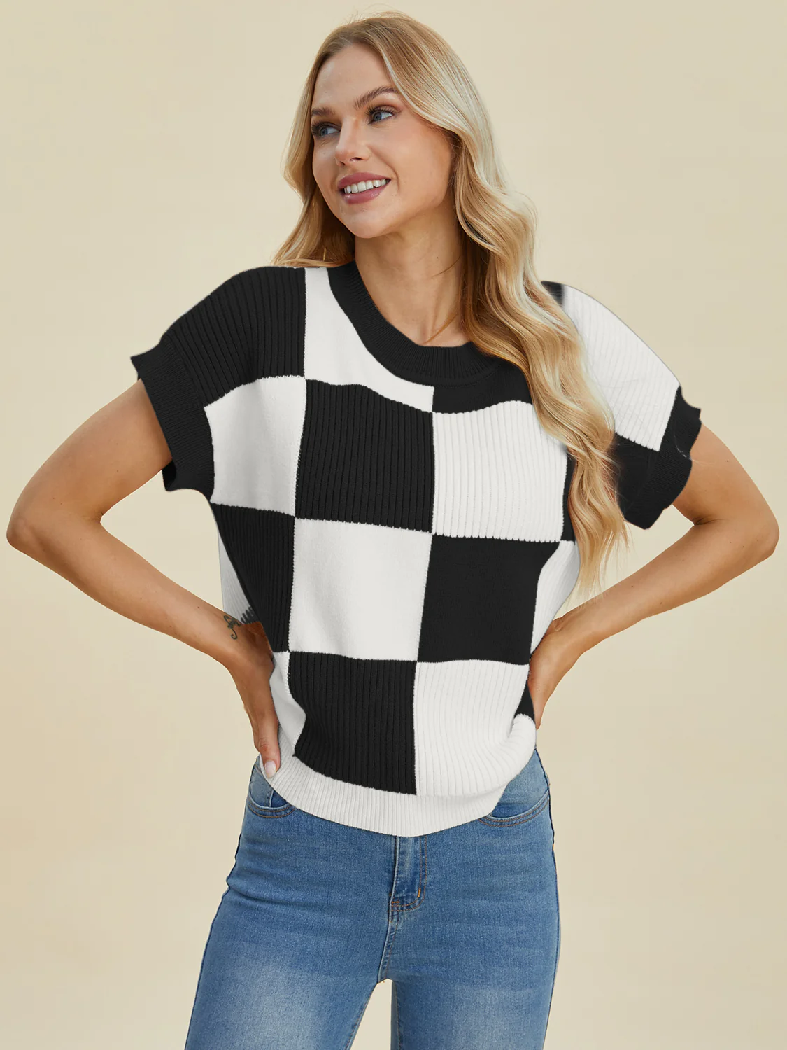 Checkered Round Neck Short Sleeve Sweater - Image 7