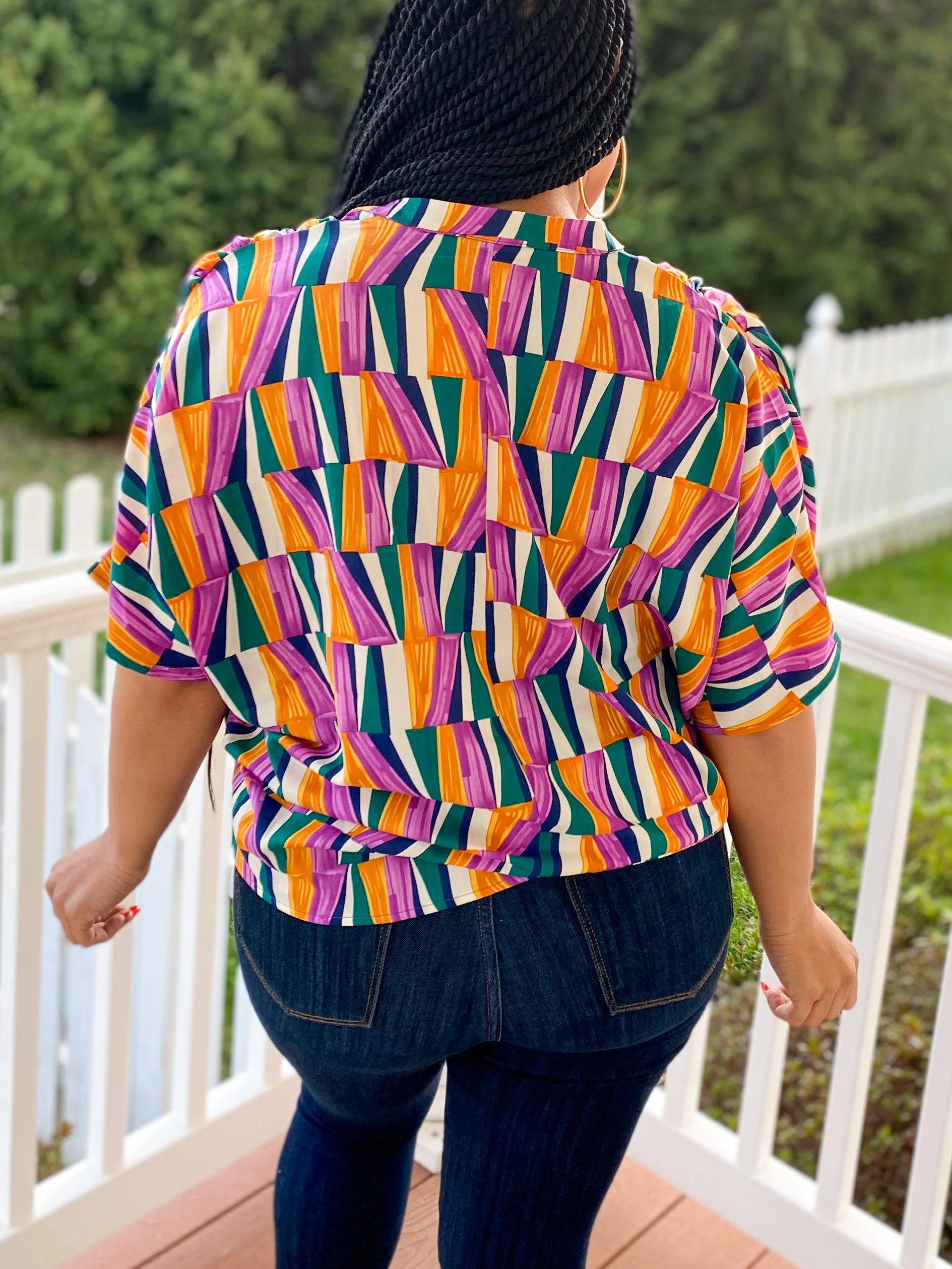 Geometric Notched Sleeve Blouse - Image 3