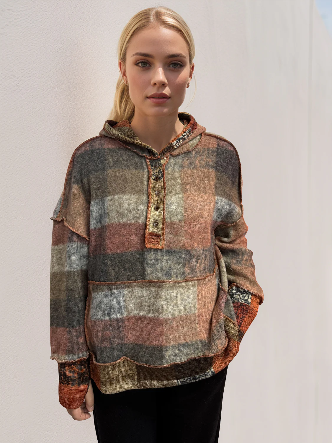 Plaid Dropped Shoulder Hoodie - Image 13