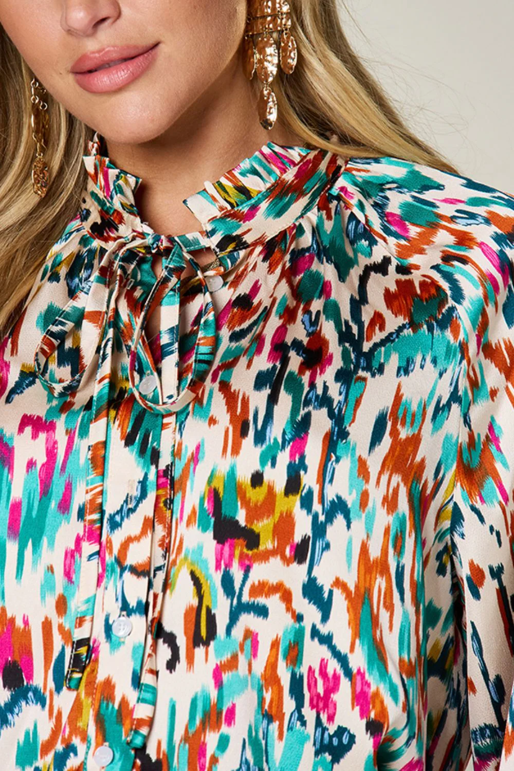 Frill Printed Button Up Blouse - Image 5