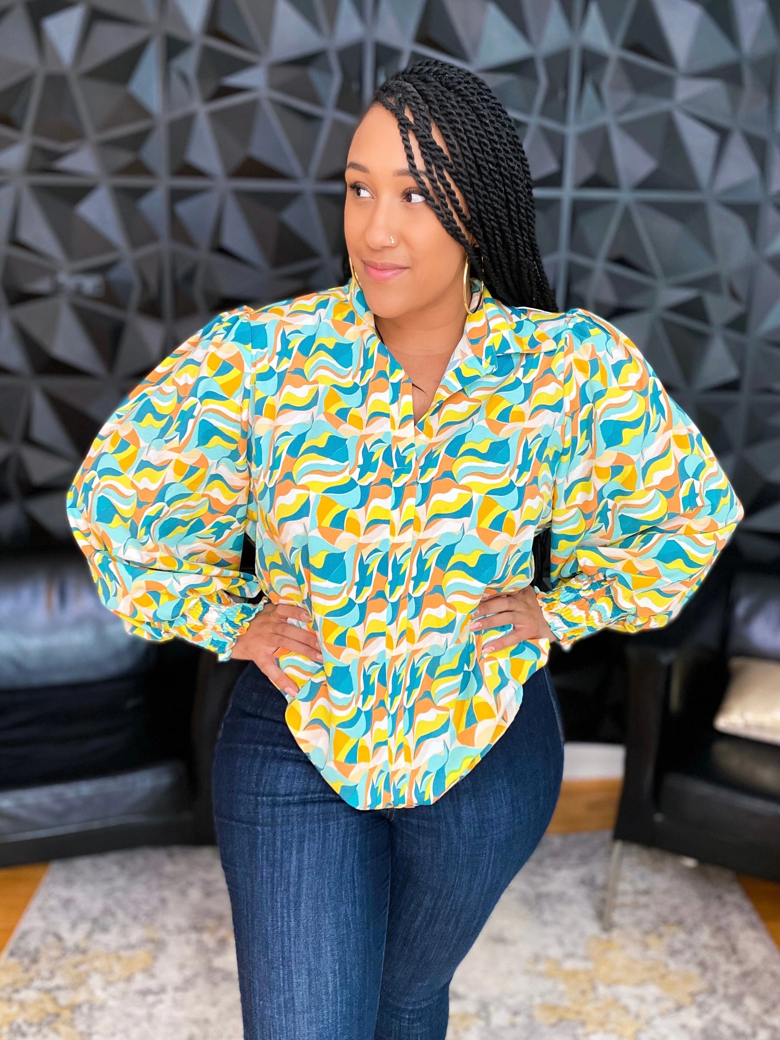 Abstract Blend Smocked Sleeve Blouse - Image 3