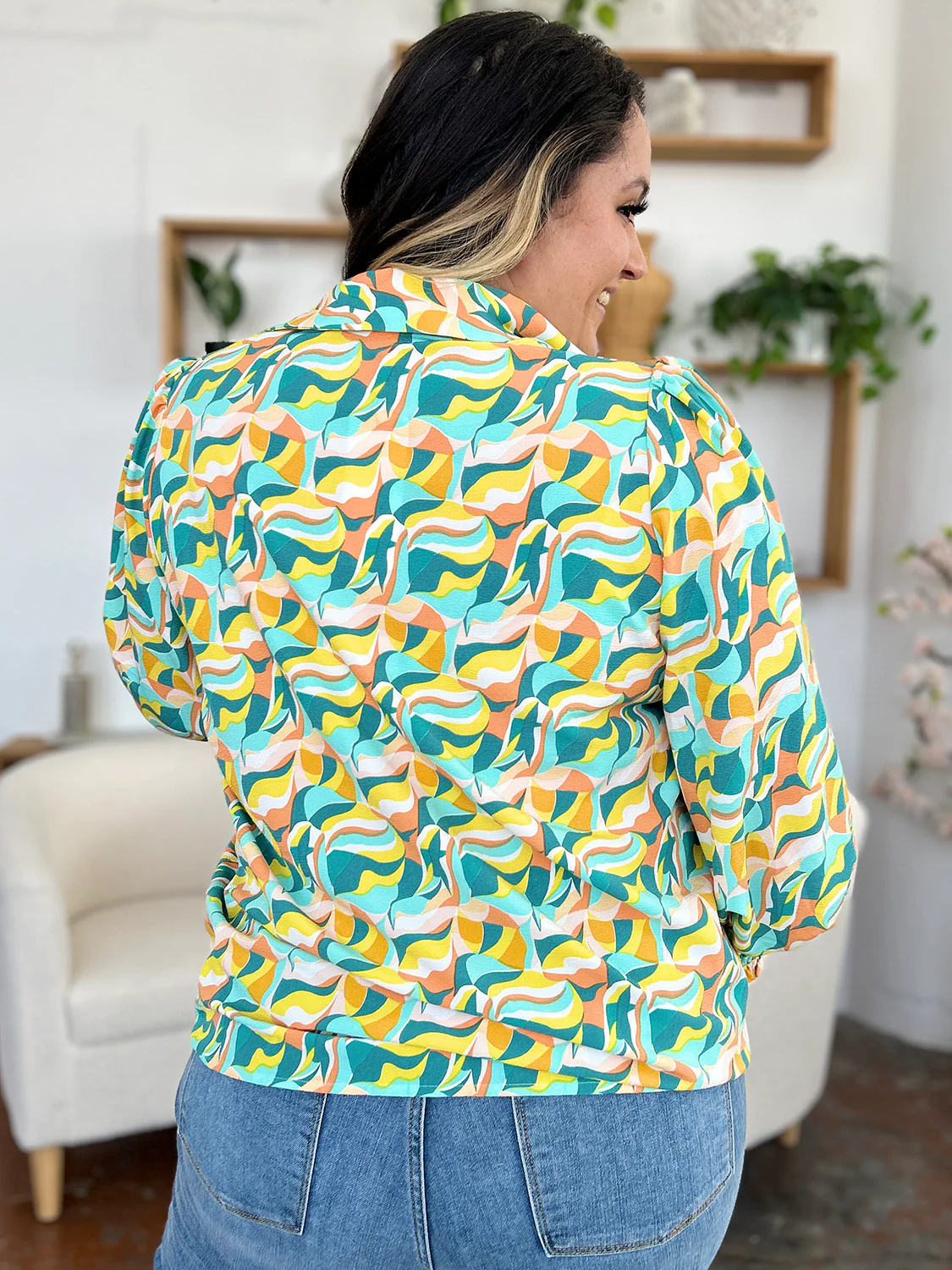 Abstract Blend Smocked Sleeve Blouse - Image 5