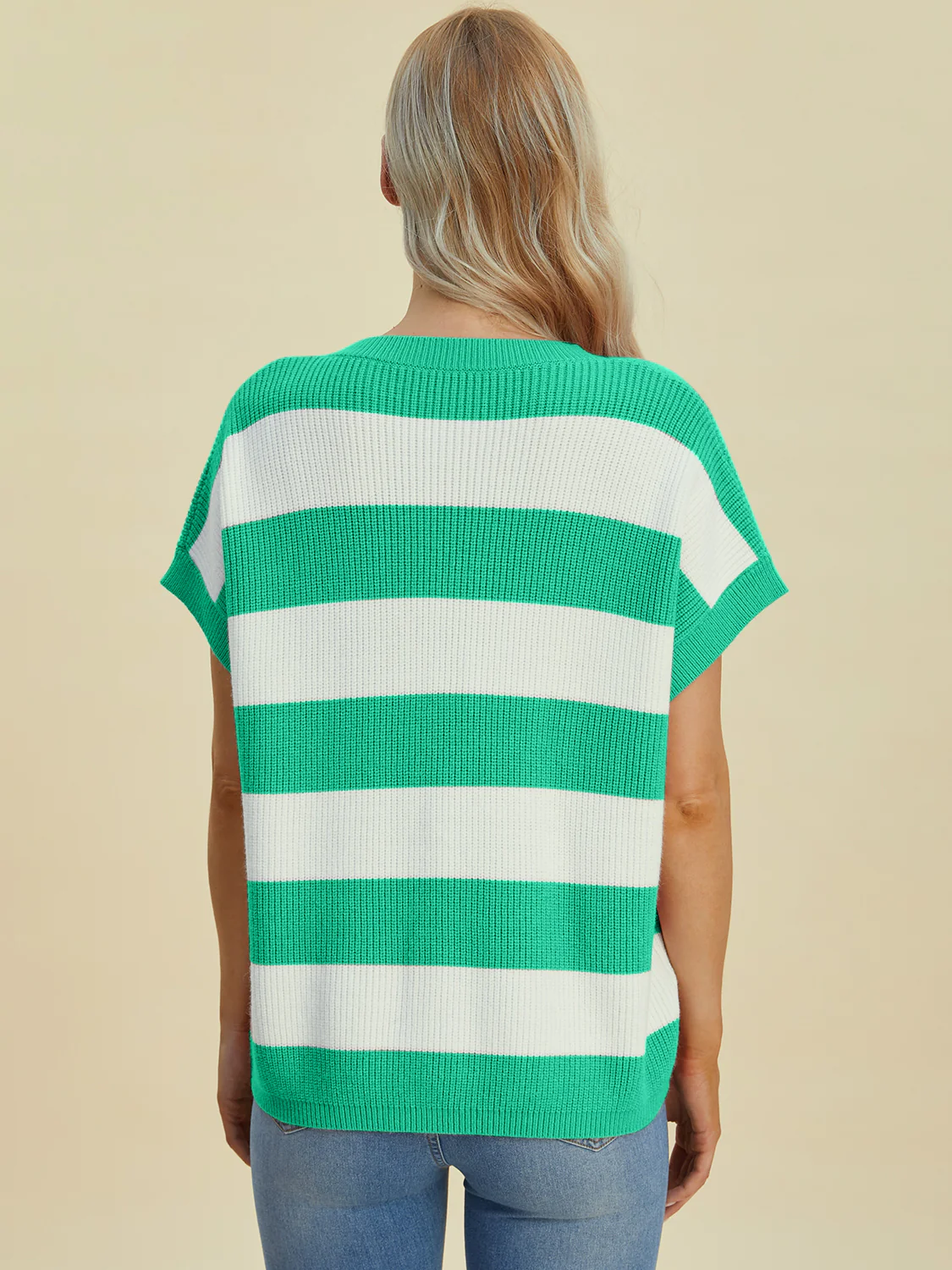 Striped V-Neck Short Sleeve Sweater - Image 10