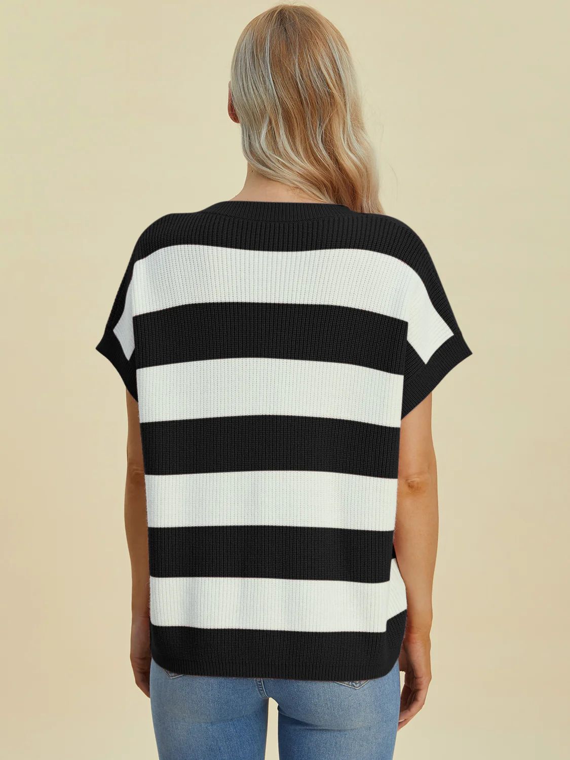 Striped V-Neck Short Sleeve Sweater - Image 5
