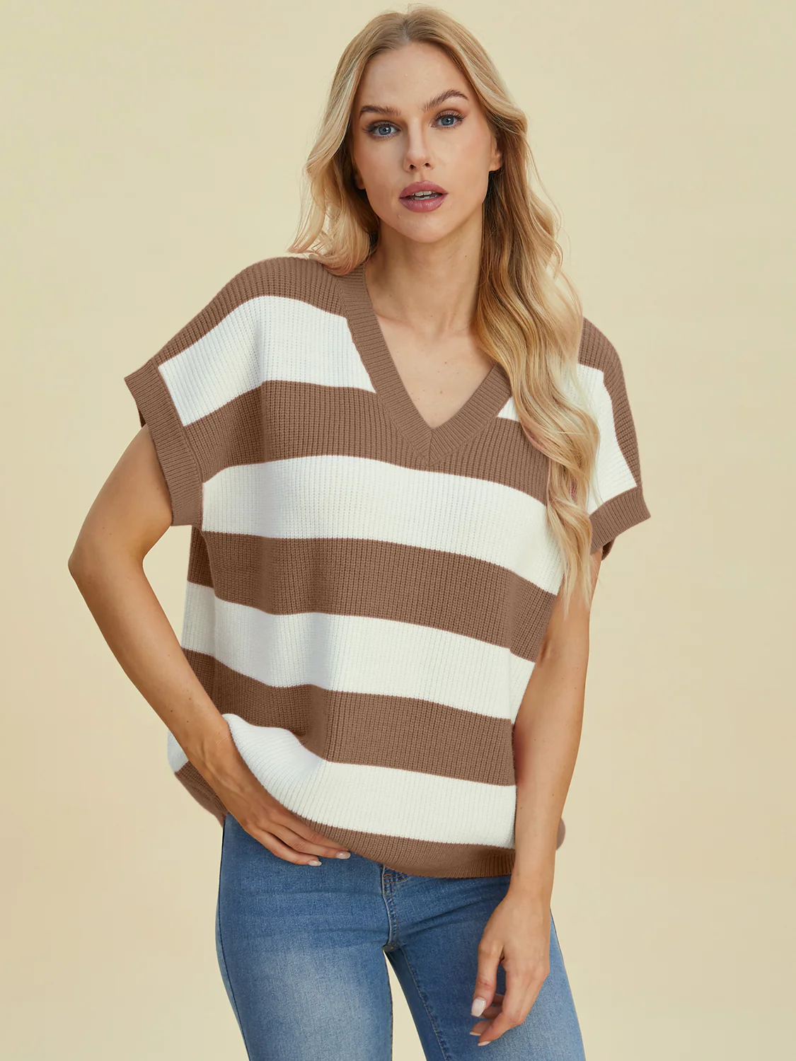 Striped V-Neck Short Sleeve Sweater - Image 6