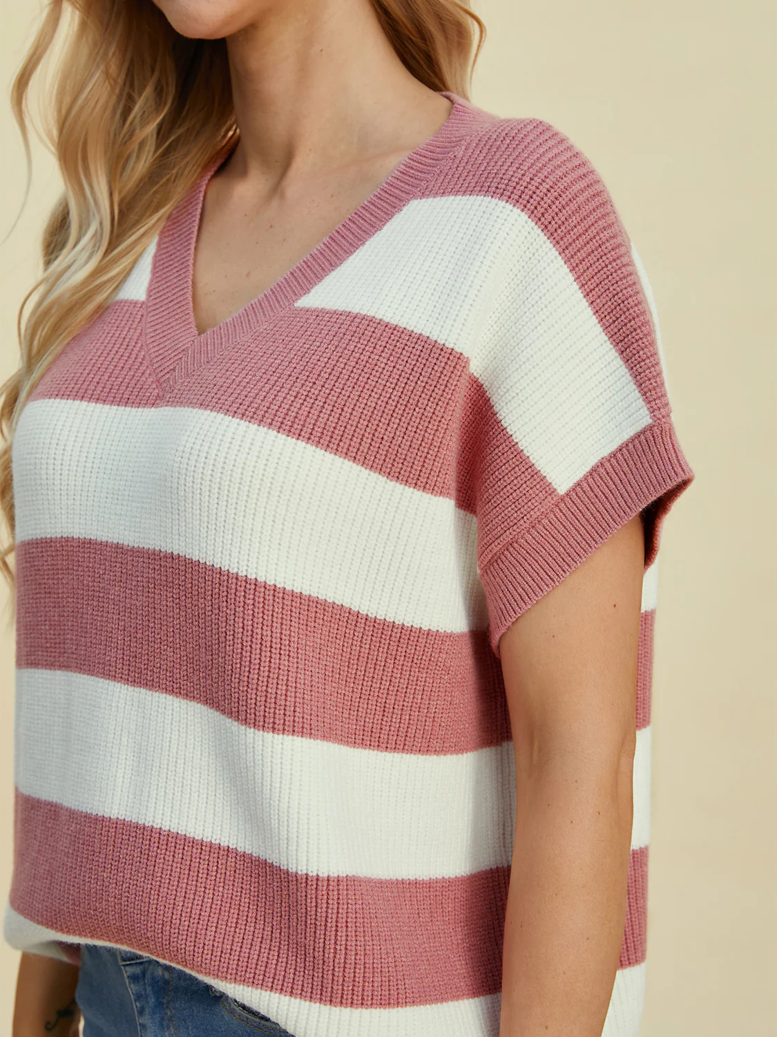 Striped V-Neck Short Sleeve Sweater - Image 7