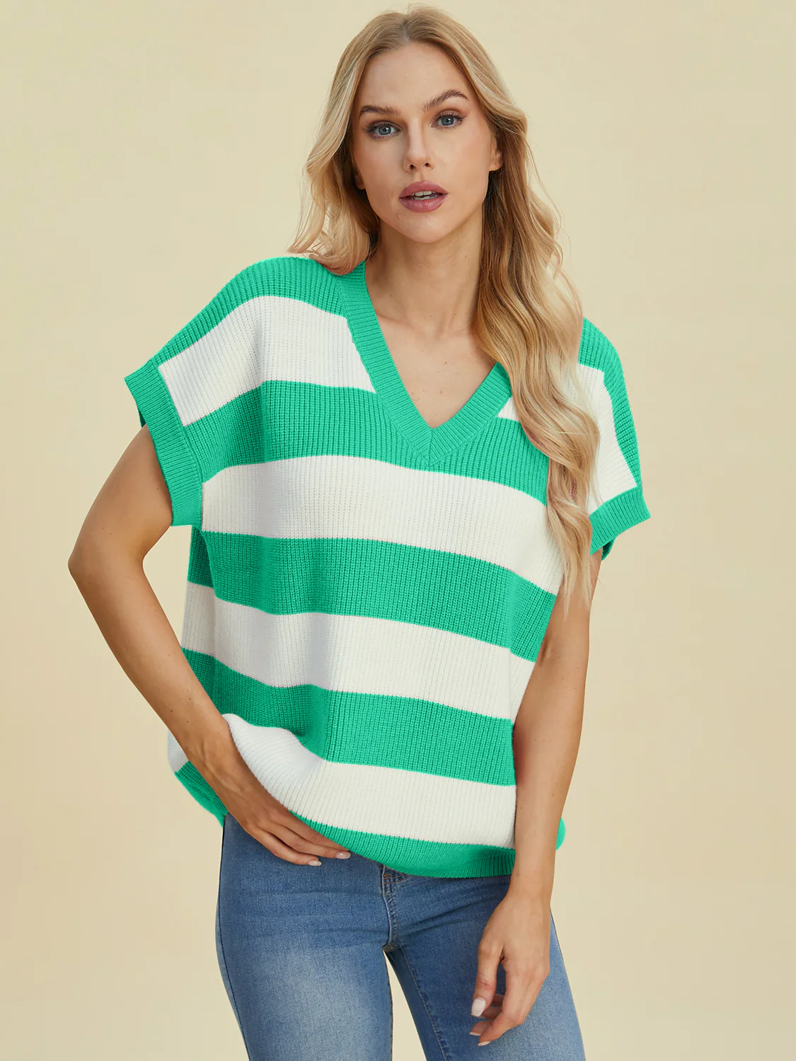Striped V-Neck Short Sleeve Sweater - Image 8