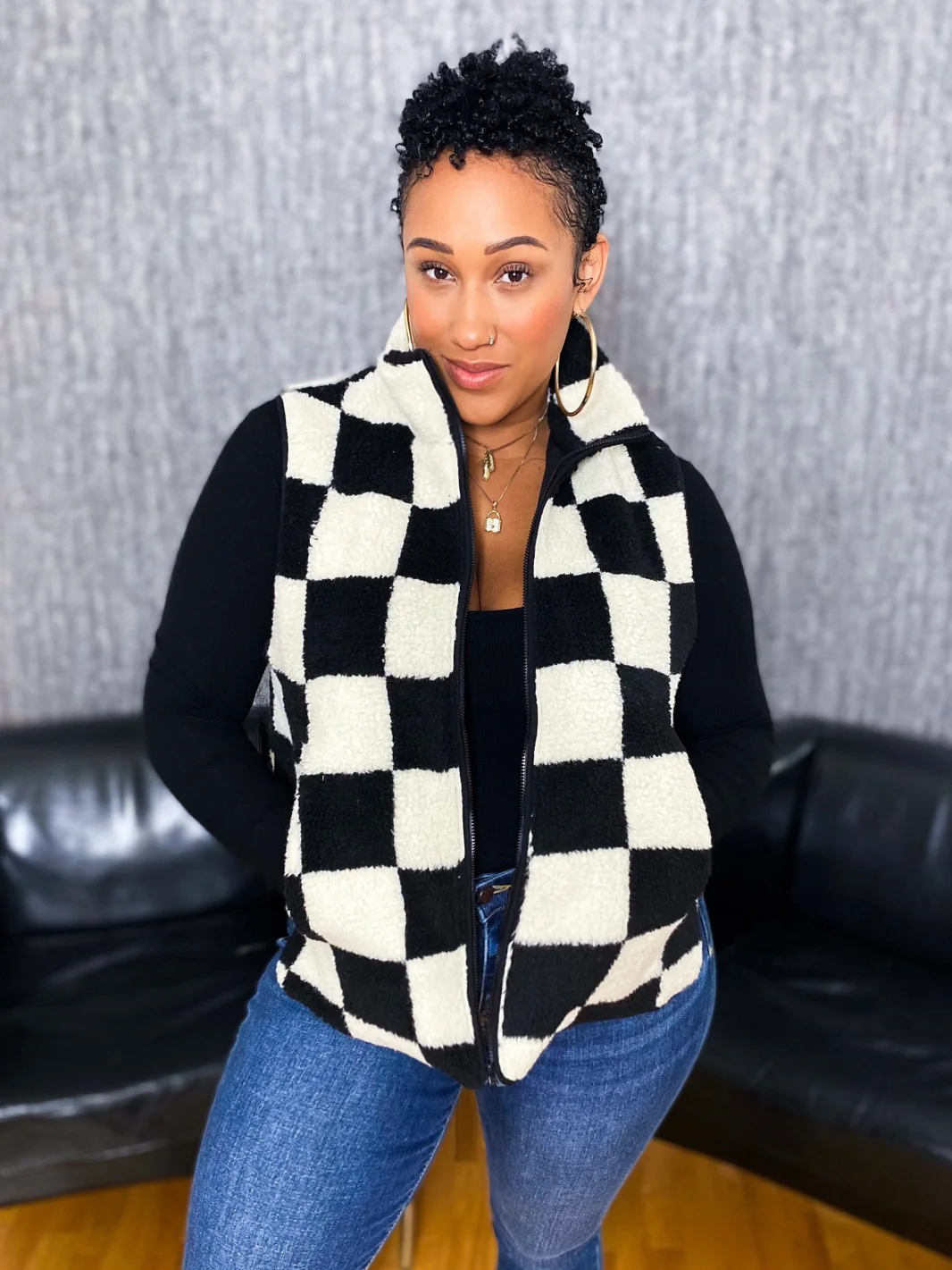 Sherpa Zip Up Checkered Vest - Image 3