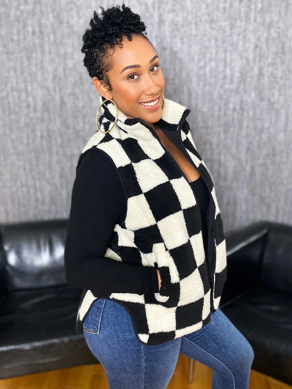 Sherpa Zip Up Checkered Vest - Image 4