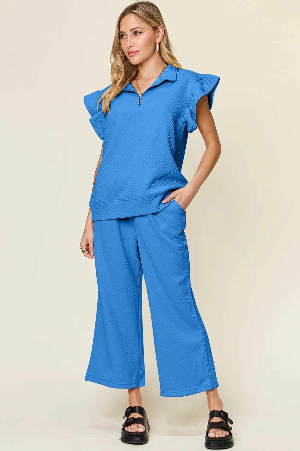 Texture Ruffle Sleeve Pant Set- Black, Blue, Green, Teal - Image 20