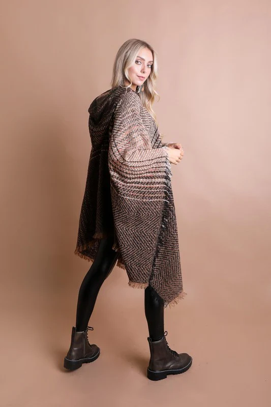 Herringbone Tweed Hooded Frayed Edge Poncho - Image 11