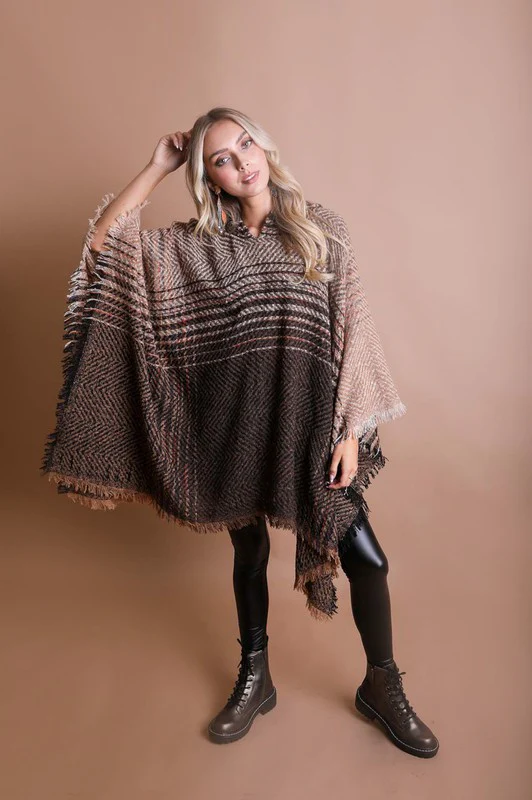 Herringbone Tweed Hooded Frayed Edge Poncho - Image 12
