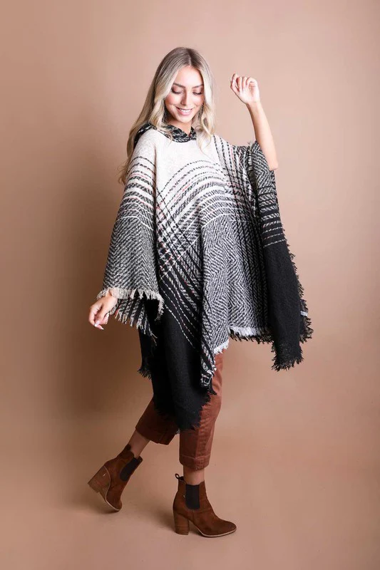 Herringbone Tweed Hooded Frayed Edge Poncho - Image 5