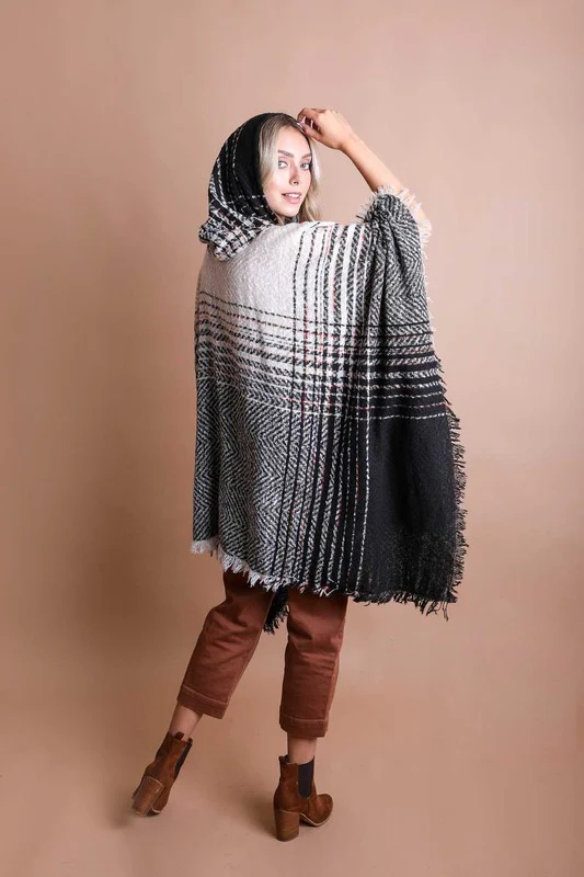 Herringbone Tweed Hooded Frayed Edge Poncho - Image 6