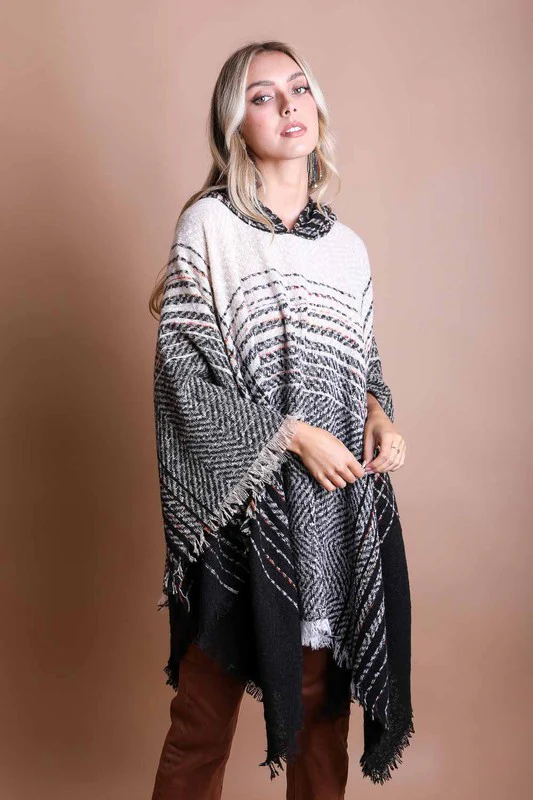Herringbone Tweed Hooded Frayed Edge Poncho - Image 7