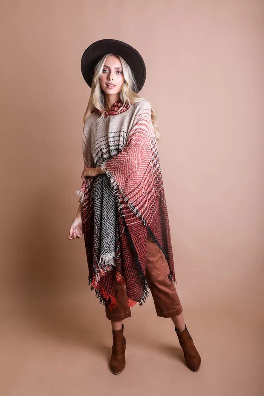 Herringbone Tweed Hooded Frayed Edge Poncho - Image 8