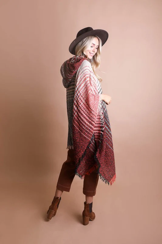 Herringbone Tweed Hooded Frayed Edge Poncho - Image 9